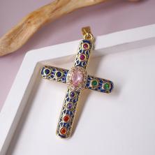 Подвеска с камнем "Крест" 28*45мм ИВ-1086 латунь/роз.