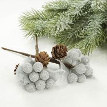 Веточка 13см с ягодами и шишками арт.SF-2332 серебро (2шт)