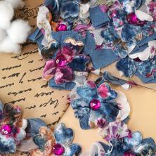 Тесьма джинс с камнями 75мм арт.2001 синий/малиновый