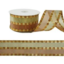 Лента армированная органза 63мм арт.29-361 золото/коричневый