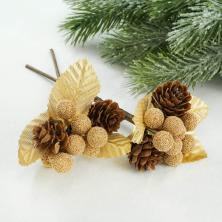 Веточка 13см с ягодами и шишками арт.SF-2332 золото