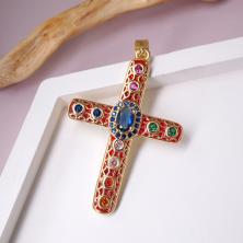 Подвеска с камнем "Крест" 28*45мм ИВ-1086 латунь/син.