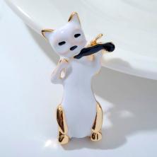 Брошь "Кот" играет на скрипке 40*20мм арт.7077755 золото/белый