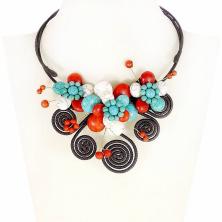 Колье "Три цветка" арт.ФУ-6481 коралл/бирюза/кахолонг