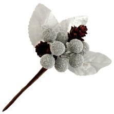 Веточка 13см с ягодами и шишками арт.SF-2332 серебро (2шт)