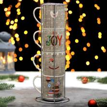 Набор кружек "Елочные игрушки" 340мл 4 предмета+ подставка 11,5*12*28см арт.6342532 фарфор