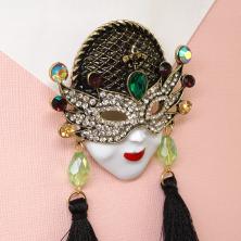 Брошь со стразами "Маска карнавальная" эмаль 60*90мм арт.ИВ-690 брон/микс