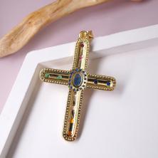 Подвеска с камнем "Крест" 28*45мм ИВ-1086 латунь/син.