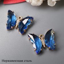 Подвеска "Бабочка" цирконий/фианит 20*16мм нерж. сталь арт.ИВ-201 синий покр. золото 18К