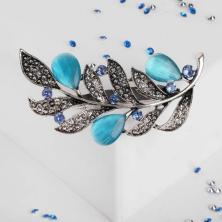 Брошь "Веточка с листочками Кошачий глаз" 65*30мм арт.1354625 голубой