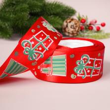 Лента атласная 40мм "Новогодний подарок" арт.ВР-550 красный/зеленый