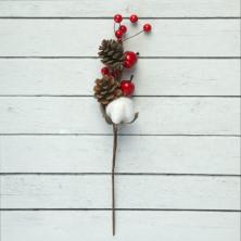 Веточка 19см с шишками, ягодками и хлопком арт.2291502