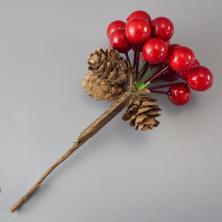 Веточка 14см с калиной и шишками d-12мм, 20мм арт.VDF-01 красный