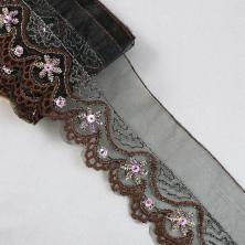 Тесьма с бисером и пайетками 70мм арт.ФУ-7063 черный/коричневый