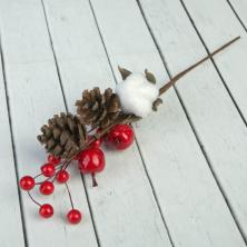 Веточка 19см с шишками, ягодками и хлопком арт.2291502