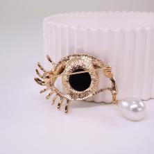 Брошь "Глаз со слезой" эмаль 40*30мм арт.ИВ-783 черн/зол/жемчуг