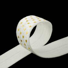 Косая бейка стрейч 15мм "Горошек" арт.EB.01G белый/золото