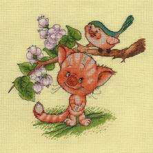 8-194 "Кот и птица" Набор для вышивания мулине "Кларт" 24*24см
